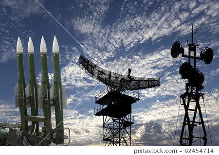 Air defense radars of military mobile anti aircraft systems and modern Russian anti aircraft missiles OSA-AKM on background clouds and sky,Russia 92454714