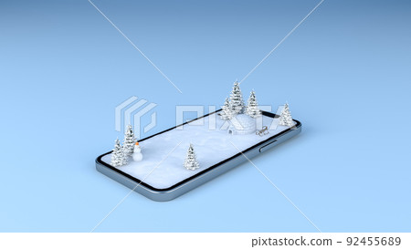 Winter snow field landscape travel destination on mobile phone screen, 3d rendering 92455689