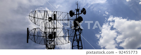 Air defense radars of military mobile anti aircraft systems, modern army industry on background beautiful clouds and sky, Russia Air defense radars of military mobile anti aircraft systems, modern army industry on background beautiful clouds and sky, Russia 92455773