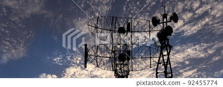 Air defense radars of military mobile anti aircraft systems, modern army industry on background beautiful clouds and sky, Russia Air defense radars of military mobile anti aircraft systems, modern army industry on background beautiful clouds and sky, Russia 92455774