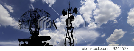Air defense radars of military mobile anti aircraft systems, modern army industry on background beautiful clouds and sky, Russia 92455781