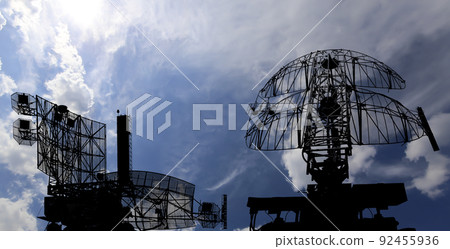 Air defense radars of military mobile anti aircraft systems, modern army industry on background beautiful clouds and sky, Russia 92455936
