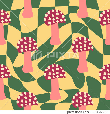 Magic psychedelic drug mushrooms seamless pattern. Psychedelic hallucination. 60-70s hippie colorful art. Vintage psychedelic textile 92456635