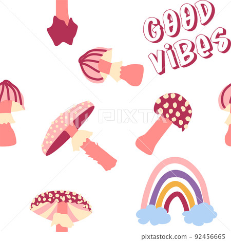 Magic psychedelic drug mushrooms, Chamomile, rainbow seamless pattern. Psychedelic hallucination. 60-70s hippie Magic psychedelic drug mushrooms, Chamomile, rainbow seamless pattern. Psychedelic hallucination. 60-70s hippie 92456665