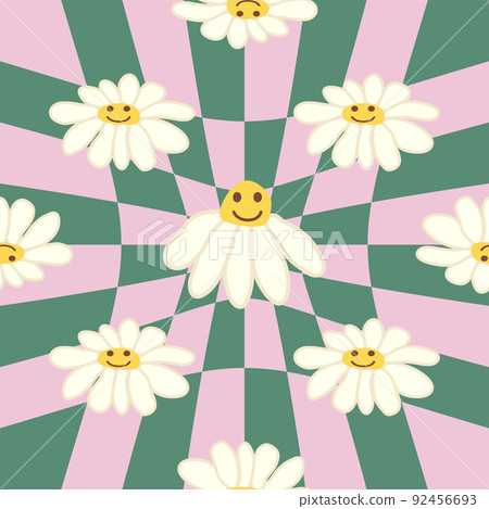 Retro Smile Chamomile Seamless Pattern on 1970 Wavy Swirl Seamless Pattern. Hippie Aesthetic. Retro Smile Chamomile Seamless Pattern on 1970 Wavy Swirl Seamless Pattern. Hippie Aesthetic. 92456693