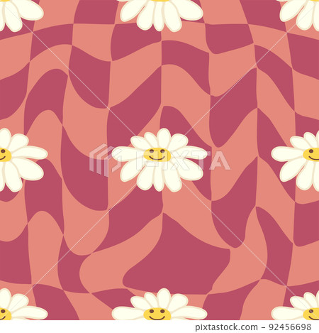Retro Smile Chamomile Seamless Pattern on 1970 Wavy Swirl Seamless Pattern. Hippie Aesthetic. 92456698