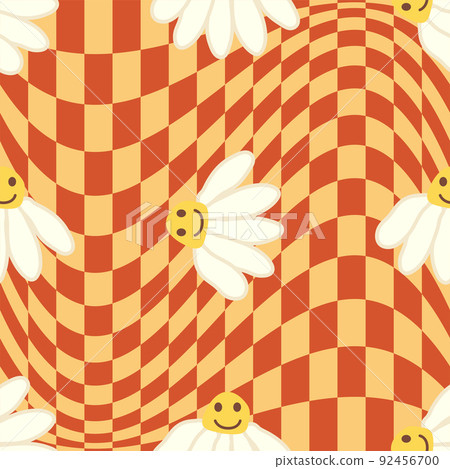 Retro Smile Chamomile Seamless Pattern on 1970 Wavy Swirl Seamless Pattern. Hippie Aesthetic. Retro Smile Chamomile Seamless Pattern on 1970 Wavy Swirl Seamless Pattern. Hippie Aesthetic. 92456700