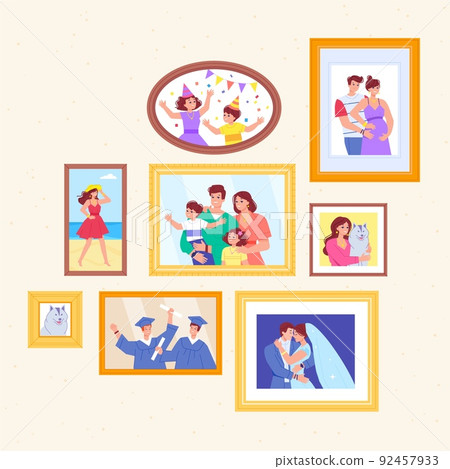 Family photographs. Families photo in frame on wall, memory pictures generations portraits happy moments nostalgic memories wedding affection people flat swanky vector illustration Family photographs. Families photo in frame on wall, memory pictures generations portraits happy moments nostalgic memories wedding affection people flat swanky vector illustration 92457933