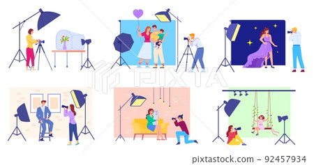 Photo studio session. Professional photoshoot fashion models or family photography, beauty model posing on photographer camera, photographic art modelism swanky vector illustration Photo studio session. Professional photoshoot fashion models or family photography, beauty model posing on photographer camera, photographic art modelism swanky vector illustration 92457934