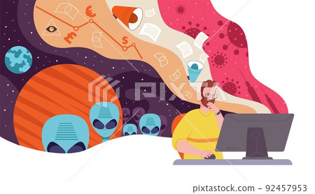 Conspiracy ideas. Concerned man at computer think disinformation false ideas, vaccine covid ufo alien secret community information war bargain contract splendid vector illustration Conspiracy ideas. Concerned man at computer think disinformation false ideas, vaccine covid ufo alien secret community information war bargain contract splendid vector illustration 92457953