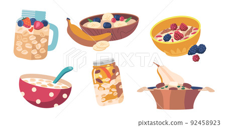 Set Oatmeal Healthy Breakfast, Bowl With Porridge And Spoon, Cereal Muesli Flakes With Fruits, Milk, Yogurt, Berries 92458923