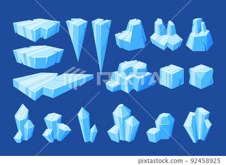 Set ice Pieces, Icebergs, Frozen Floe Blocks, Blue Iced Snowdrift Caps. Ice Lumps Or Cubes With Facets, Slippery Surface Set ice Pieces, Icebergs, Frozen Floe Blocks, Blue Iced Snowdrift Caps. Ice Lumps Or Cubes With Facets, Slippery Surface 92458925