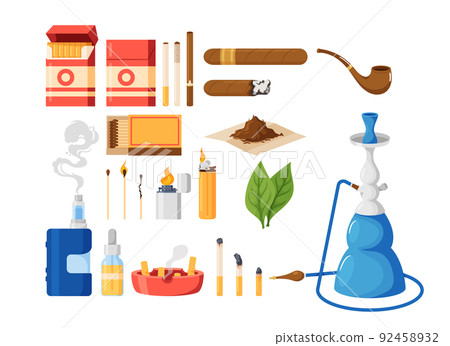 Set of Tobacco or Nicotine Products and Smoking Items. Cigarette Package, Ashtray, Cigar, Hookah And Tobacco Leaves 92458932