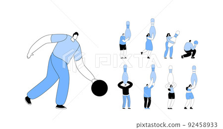 Set Characters Playing Bowling, Man Throw Ball on Alley, Tiny People Holding Huge Pins. Active Lifestyle, Sparetime Set Characters Playing Bowling, Man Throw Ball on Alley, Tiny People Holding Huge Pins. Active Lifestyle, Sparetime 92458933
