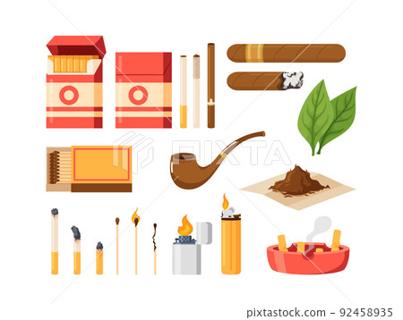 Set Of Smoking Attributes And Tobacco Products. Pipe, Lighter, Cigar, Cigarettes And Tobacco Leaf, Matches, Powder Set Of Smoking Attributes And Tobacco Products. Pipe, Lighter, Cigar, Cigarettes And Tobacco Leaf, Matches, Powder 92458935