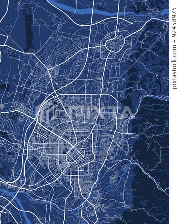 Detailed vector map poster of Taichung city, linear print map. Blue skyline urban panorama. 92458975