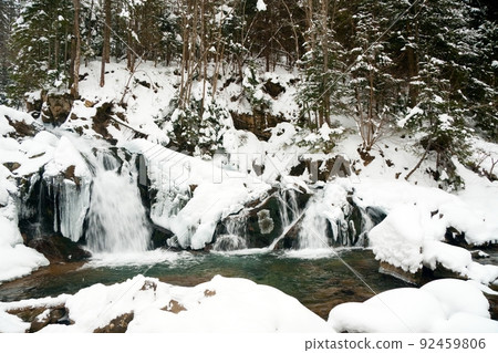 A small active waterfall. Clean mountain stream, snowy winter landscape, wildlife background A small active waterfall. Clean mountain stream, snowy winter landscape, wildlife background 92459806