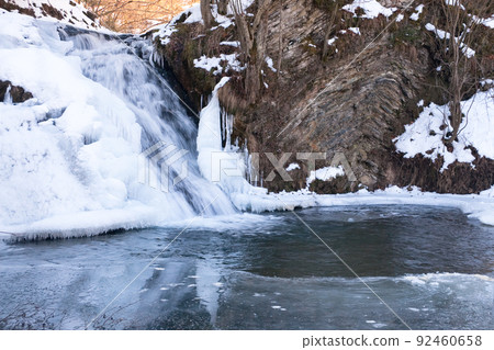 A small active waterfall. Clean mountain stream, snowy winter landscape, wildlife background A small active waterfall. Clean mountain stream, snowy winter landscape, wildlife background 92460658