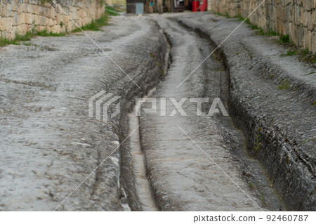 Ancient cave road bakhchisaray city chufut crimea medieval kale stone, concept history building in tourism and travel chufut, wall karaite. Defensive ruins moutain, 92460787
