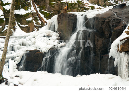 A small active waterfall. Clean mountain stream, snowy winter landscape, wildlife background A small active waterfall. Clean mountain stream, snowy winter landscape, wildlife background 92461064