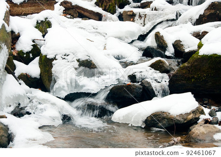 A small active waterfall. Clean mountain stream, snowy winter landscape, wildlife background A small active waterfall. Clean mountain stream, snowy winter landscape, wildlife background 92461067