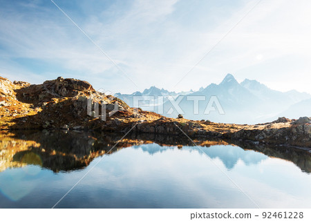 Colourful sunset on Chesery lake in France Alps Colourful sunset on Chesery lake in France Alps 92461228