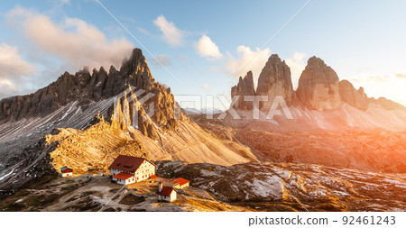 Incredible sunset at the Tre Cime di Lavaredo and rifugio Locatelli Incredible sunset at the Tre Cime di Lavaredo and rifugio Locatelli 92461243