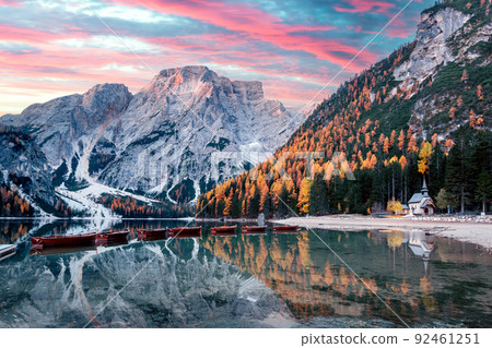 Picturesque landscape with famous lake Braies in autumn Dolomites 92461251
