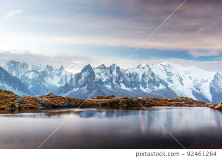 Sunny day on Lac Blanc lake in France Alps Sunny day on Lac Blanc lake in France Alps 92461264
