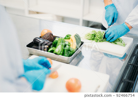 Men and women who cut vegetables in a clean suit (food processing / hand) 92466754