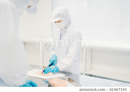 從事食品加工（肉類和食品工廠）的男女工人 92467345