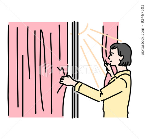 A woman in pajamas who opens the curtain to wake up and bathes in the morning sun A woman in pajamas who opens the curtain to wake up and bathes in the morning sun 92467503