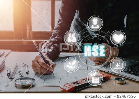 Health safety environment HSE education industry Concept, Engineer person working on smart phone with VR screen Health safety environment icon. 92467550