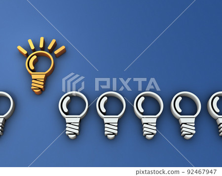 The symbol of a light bulb that lights up. The correct answer among many answers. An abstract concept of inspiration and hints. 92467947