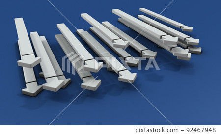 Many arrows rushing from afar. An abstract concept reminiscent of aggression and aggression. Corps and threats. 92467948