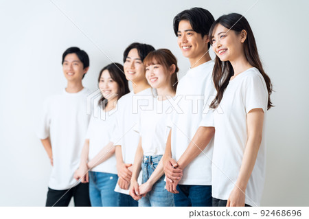 Men and women Gen Z friends college students share house beauty 92468696