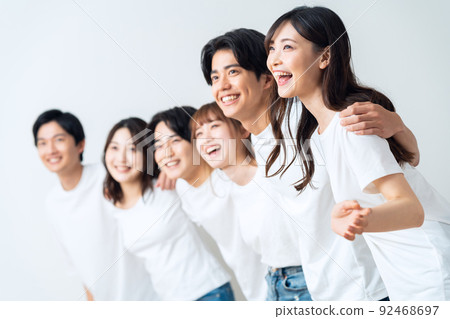 Men and women Gen Z friends college students share house beauty 92468697