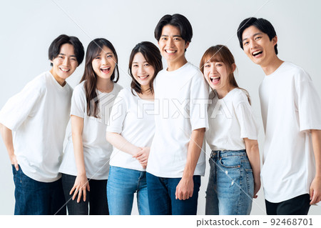 Men and women Gen Z friends college students share house beauty 92468701