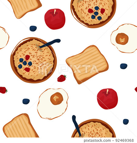 Seamless Pattern Breakfast Food Fruit Egg Bread Porridge 92469368