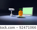3D rendered image. Low polygon 3D objects.A 3D scanner, a notebook computer, and a pineapple on the turntable. 92471066