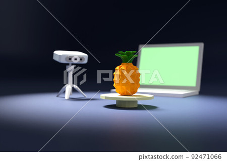 3D rendered image. Low polygon 3D objects.A 3D scanner, a notebook computer, and a pineapple on the turntable. 92471066