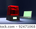 3D rendered image. Low polygon 3D objects. A 3D Printer and a notebook computer on the desk. 92471068