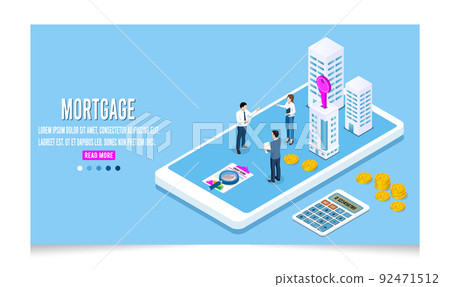 Flat tiny building purchase debt person's, House Loan, Rent, Real Estate Agent and Mortgage concept. 3D Isometric Vector Illustration Eps 10. 92471512