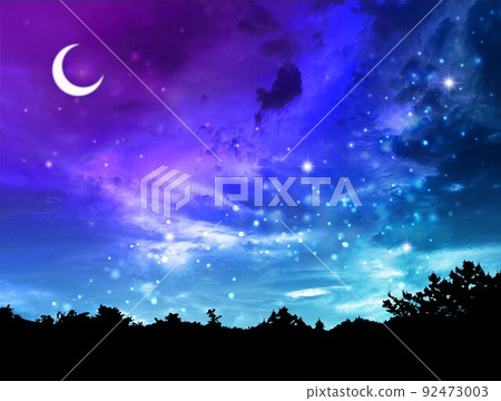 Moonlit night sky and tree silhouette Moonlit night sky and tree silhouette 92473003