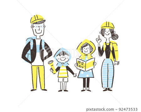 A family wearing a helmet and a disaster prevention hood A family wearing a helmet and a disaster prevention hood 92473533