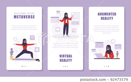 Metaverse concept. Set of mobile banners. Arab women wearing VR headset. Augment reality and Cyberspace. Modern technology entertainment. Vector illustration in flat cartoon style 92473579