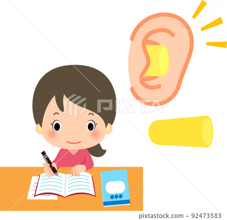 A woman studying with earplugs A woman studying with earplugs 92473583