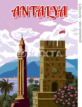 Antalya retro landmark poster, Saat Kulesi Military Clock Tower, Turkey resort. Vintage touristic travel postcard, placard, vector 92474873