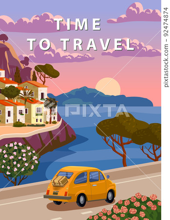 Time To Travel Italy, mediterranean romantic landscape, mountains, seaside town, sea. Retro poster travel 92474874