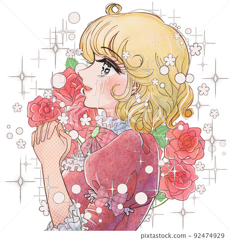 Retro Shojo Manga-Illustration of a princess and a rose rejoicing in crying Retro Shojo Manga-Illustration of a princess and a rose rejoicing in crying 92474929